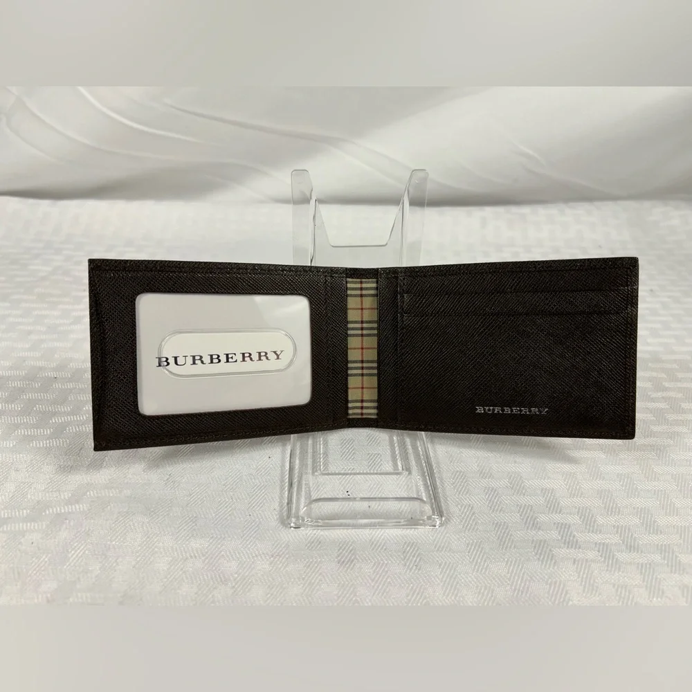 Burberry Brown Saffiano Leather Bifold Card Holder Nova Check w/ Box